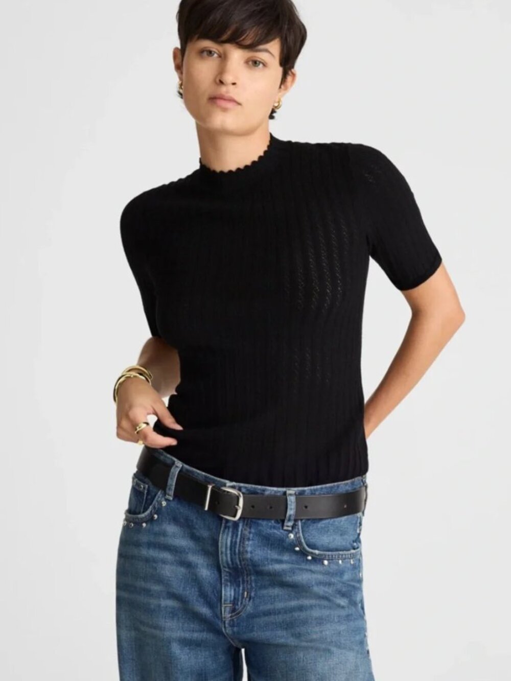 Madewell Black Snowy Lace Stitch Femme Short Sleeve Ribbed Sweater XXS NWT